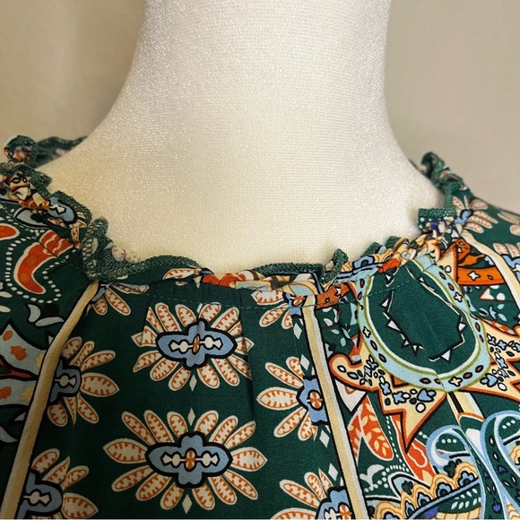 Kirundo Boho Floral Green and Orange Ruffle Sleeve Flowy Mini Dress Size Medium - Picture 3 of 16